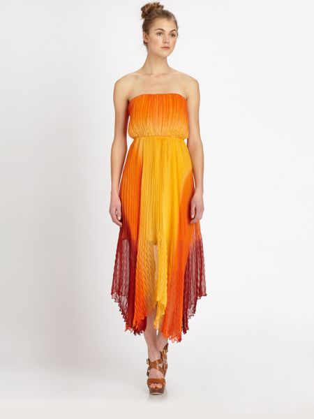 Alice + Olivia Uma Strapless Midi Dress in Orange (orange ombre) | Lyst