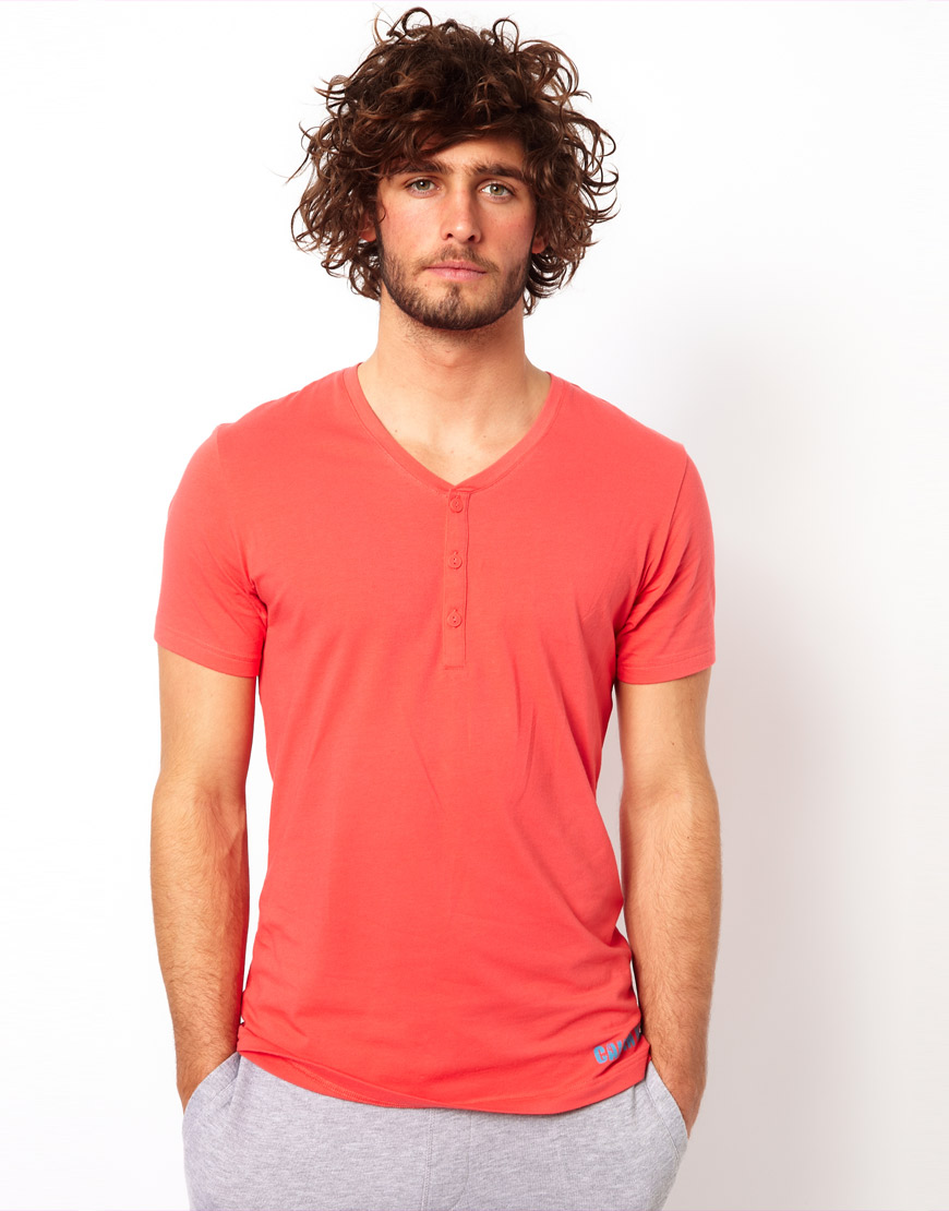 Calvin Klein V-Neck Henley T-Shirt in Pink for Men (orange) | Lyst