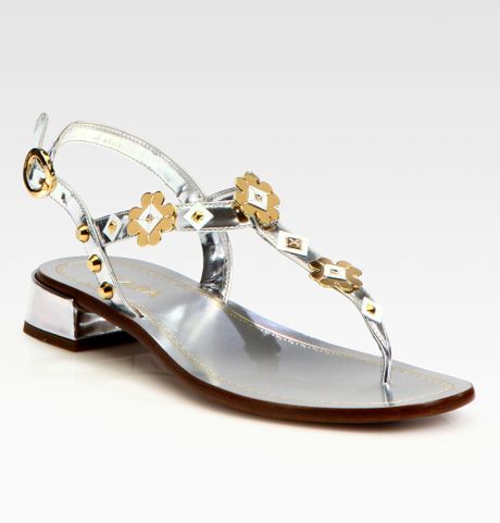 prada sandals flower thong metallic leather silver