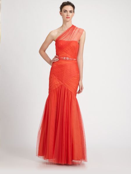 Ml Monique Lhuillier Tulle Trumpet Gown in (coral) - Lyst Ml Monique Lhuillier Tulle Trumpet Gown in (coral) - Lyst