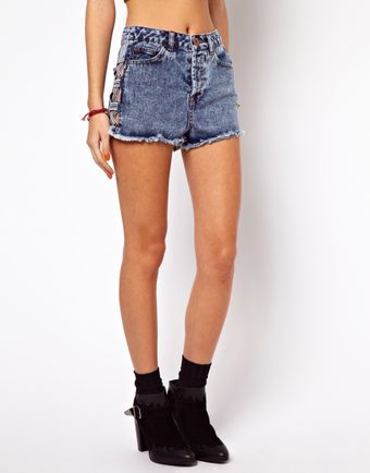 Asos Petite High Waist Denim Shorts in Acid Wash with Side Lattice Detail - Lyst