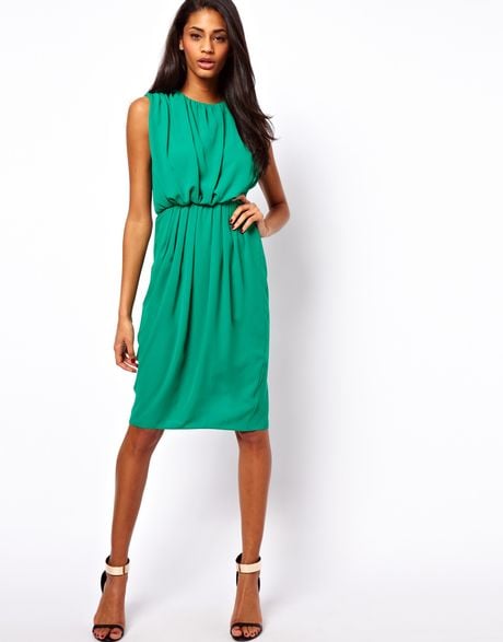 Asos Midi Dress with Drape Front in Green | Lyst
