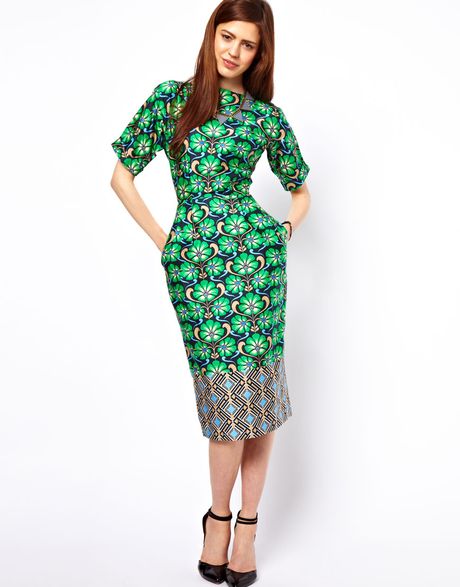 Asos Wiggle Dress in Border Wallpaper Print in Green (print) | Lyst