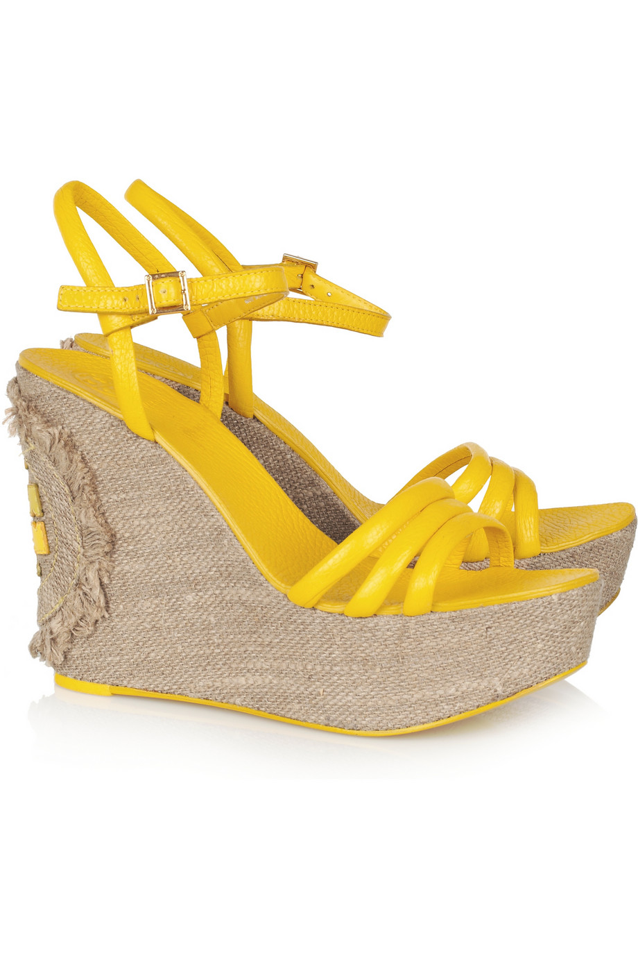 Tory Burch Elodie Texturedleather and Canvas Wedge Sandals in Yellow (bright yellow) | Lyst