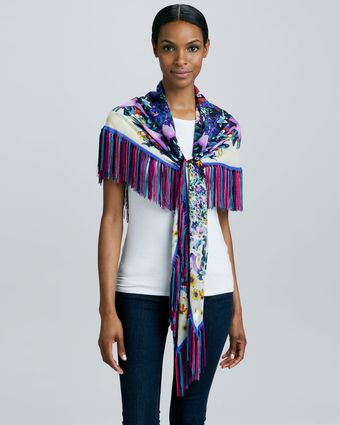 Roberto Cavalli Floralprint Georgette Scarf with Fringe - Lyst