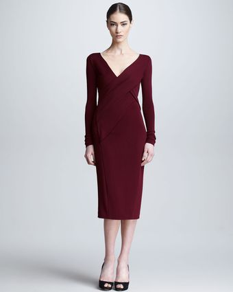 Donna Karan New York Longsleeve Draped V Neck Dress Pomegranate - Lyst