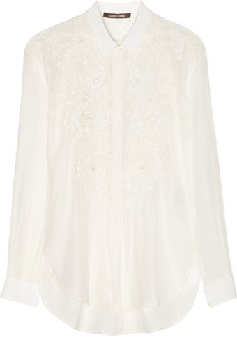 Roberto Cavalli Lasercut Embellished Silk Shirt - Lyst