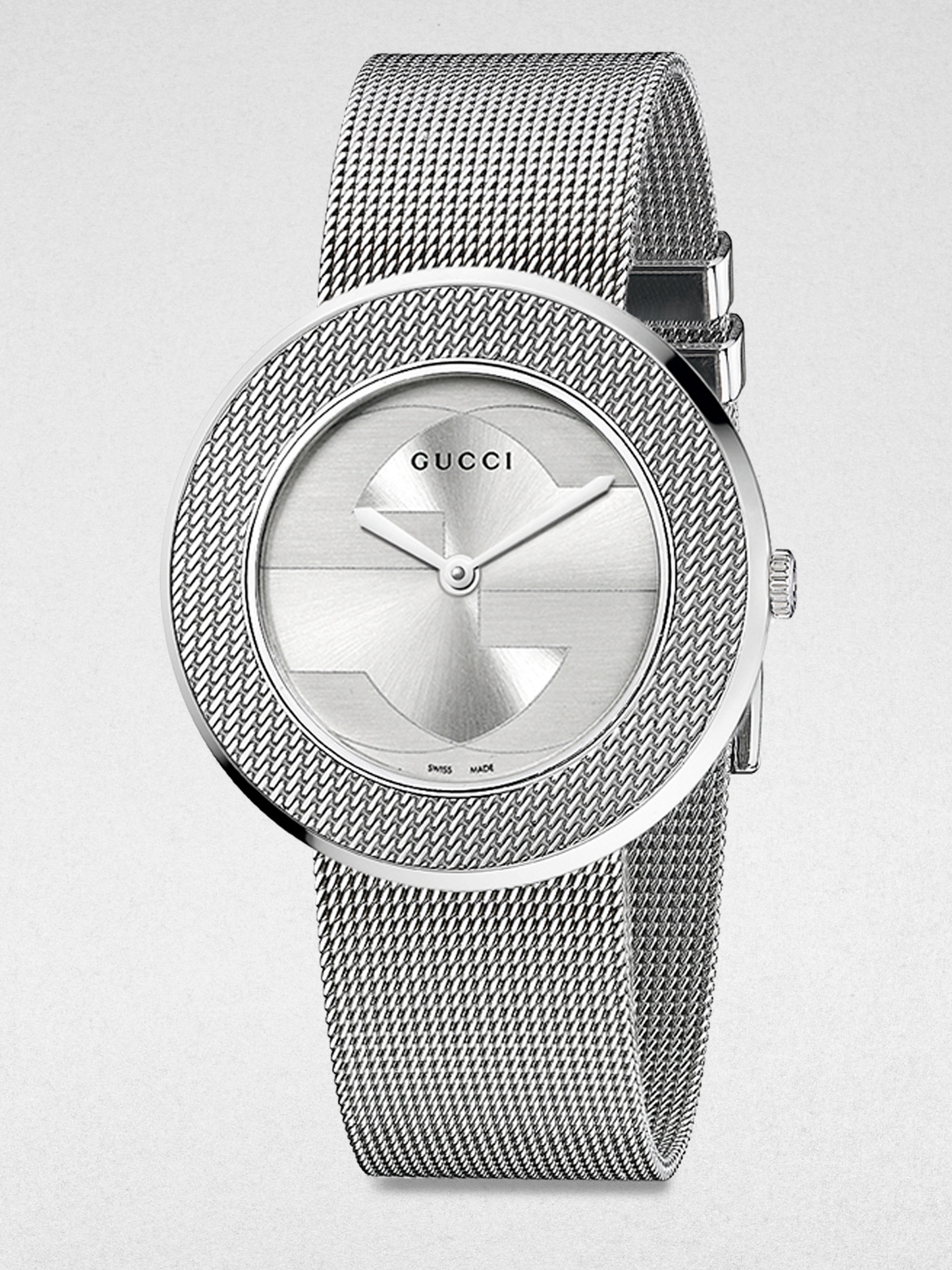 Gucci Uplay Round Stainless Steel Mesh Bracelet Watch in Silver Lyst
