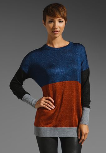 Tibi Lurex Color Block Sweater in Navy and Rust  - Lyst