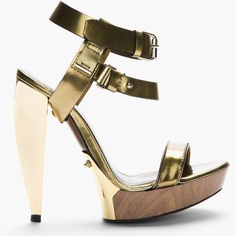 Lanvin Gold Leather Sculptedheel Sandals - Lyst
