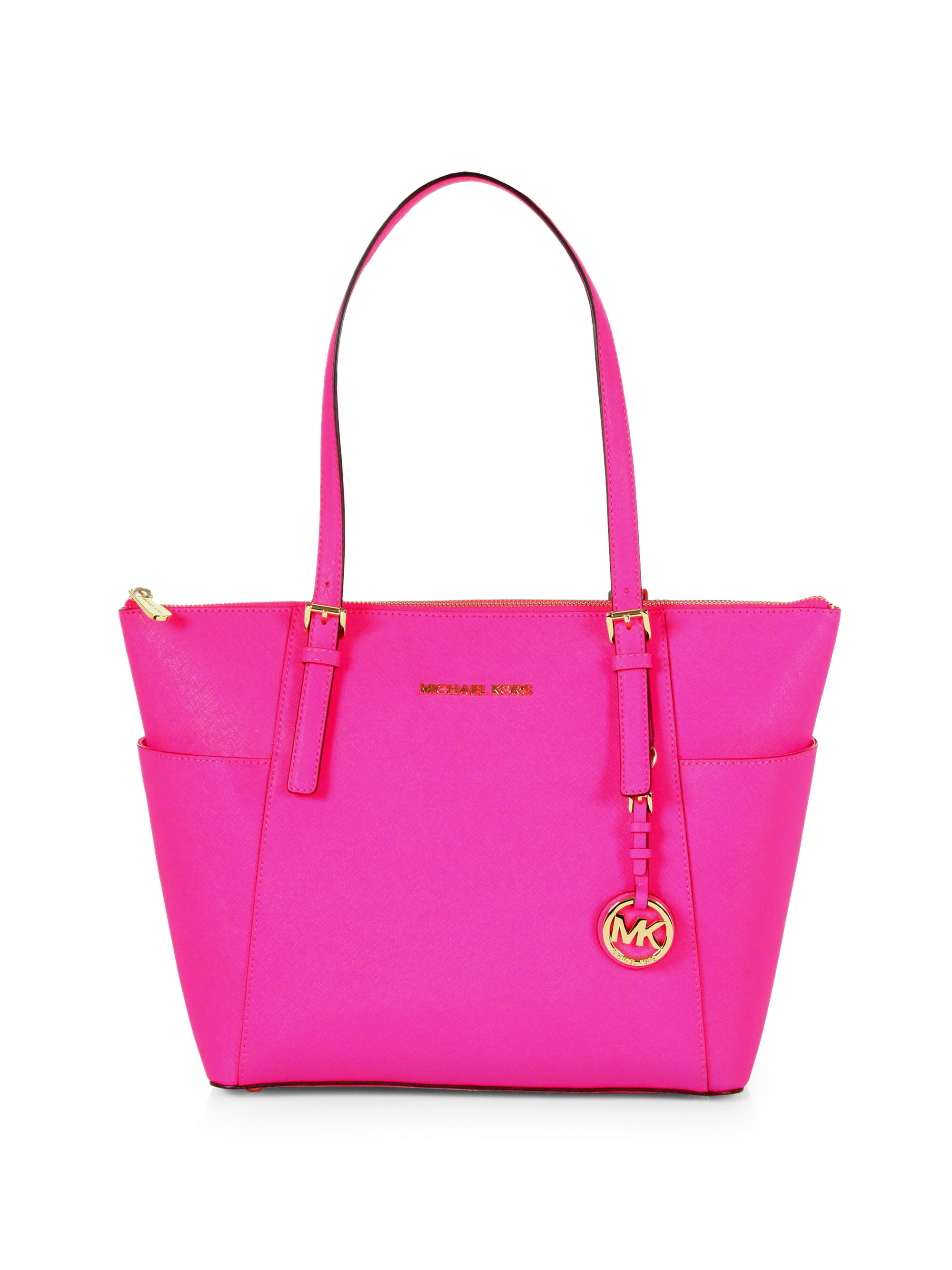 Michael Michael Kors Eastwest Top Zip Saffiano Leather Tote Bag in Pink (neon pink) | Lyst