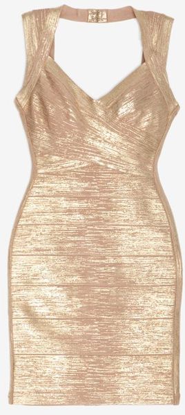 Hervé Léger Gold Foil Thick Strap Bandage Dress - Lyst