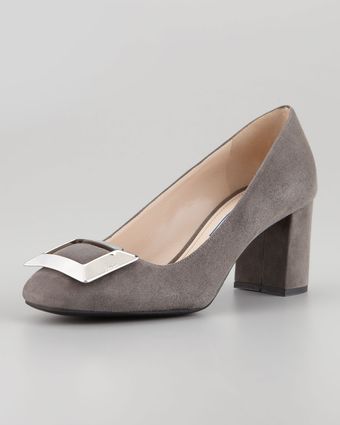 Prada Suede Buckled Blockheel Pump - Lyst