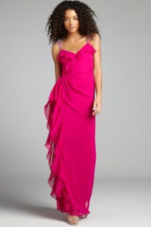 Badgley Mischka Fuchsia Silk Chiffon Embellished Shoulder Ruffle Gown - Lyst