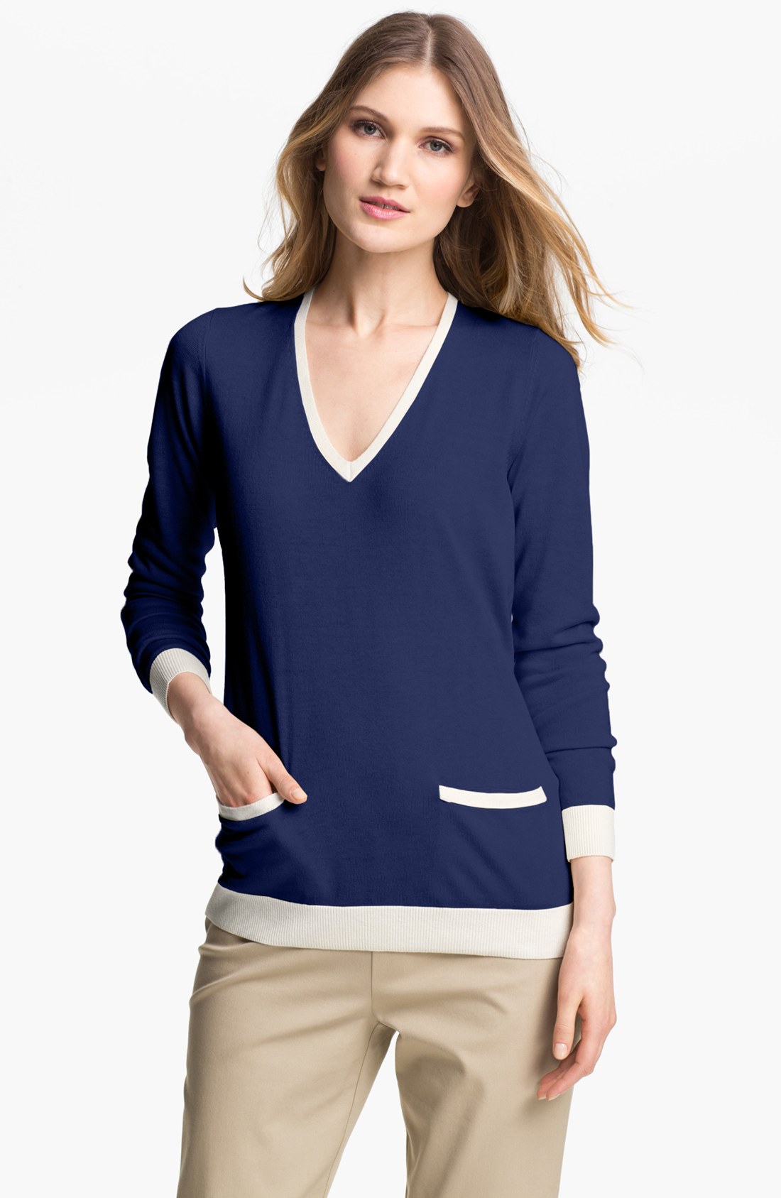 Nordstrom Collection Vneck Silk Cashmere Sweater in Blue (blue cobalt