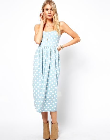 Asos Midi Bandeau Sundress in Spot Print in Blue (lightblue) | Lyst