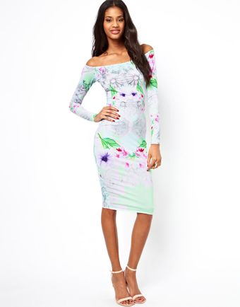 Asos Bodycon Off Shoulder Dress in Linear Floral - Lyst