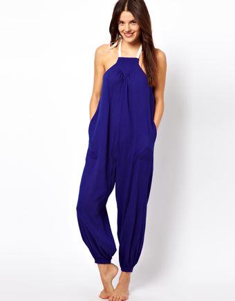 Asos Contrast Halter Cheesecloth Beach Jumpsuit - Lyst