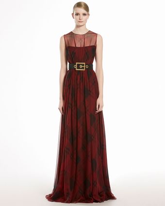 Gucci Check Printed Silk Chiffon Gown - Lyst