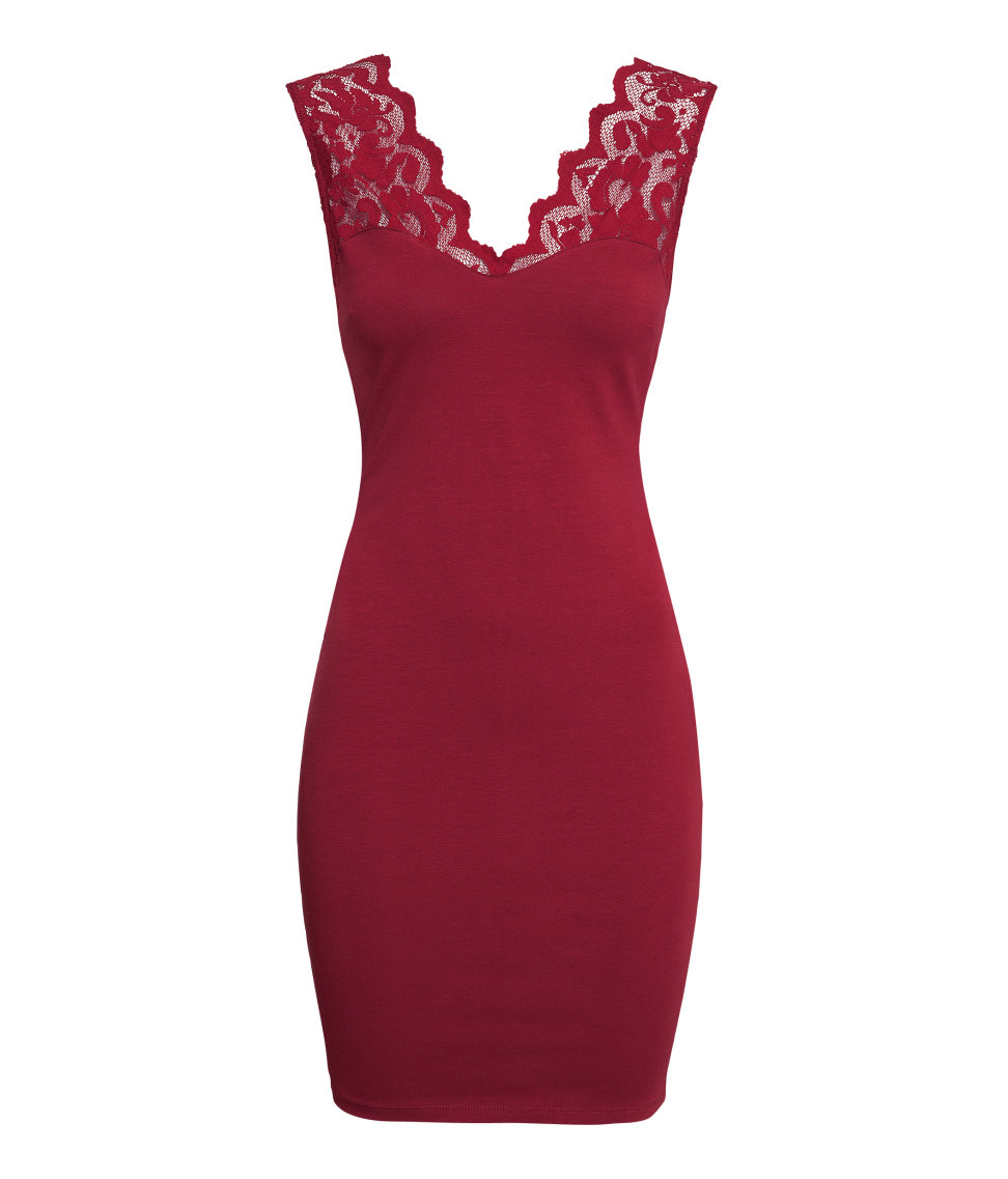 H&m Jersey Dress with Lace in Red Lyst