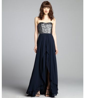 Nicole Miller Navy Chiffon Sequin Embellished Highlow Strapless Gown - Lyst