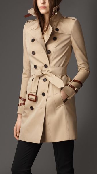 Burberry Midlength Leather Detail Gabardine Trench Coat - Lyst