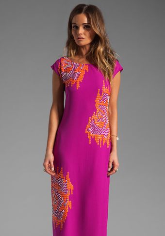 Halston Heritage Short Sleeve Embellished Silk Gown in Fuchsia - Lyst