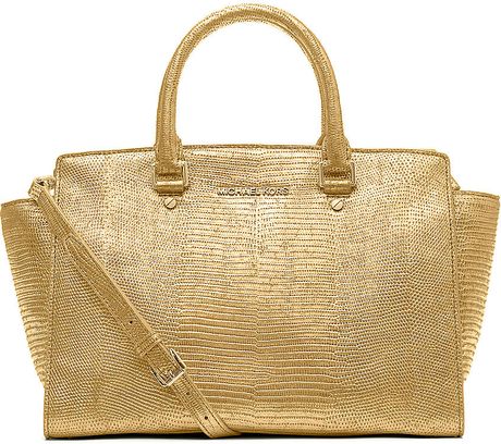 Michael Michael Kors Large Selma Lizard Tote In Gold Lyst michael michael kors large selma lizard tote in gold lyst