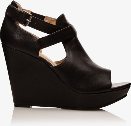 black leather peep toe wedges