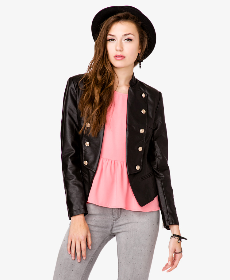 Forever 21 Faux Leather Military Jacket in Black (blackgold) | Lyst