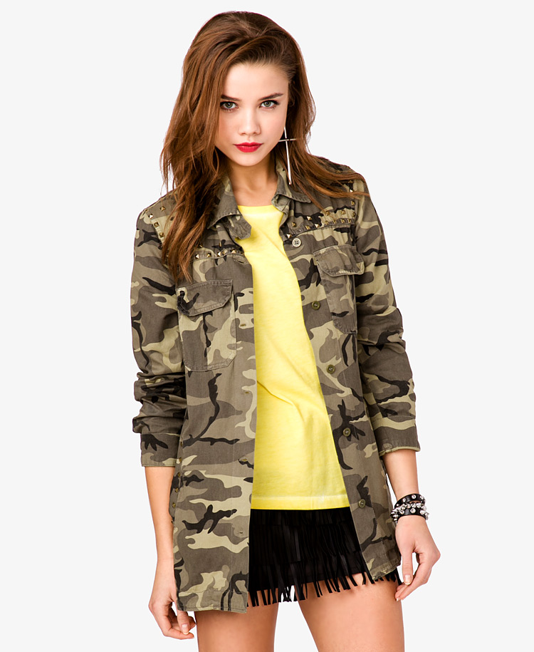 Forever 21 Studded Camo Military Jacket in Brown (brownolive)