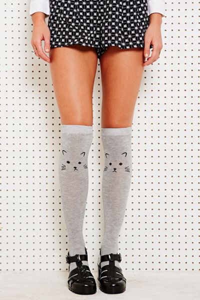 Urban Outfitters Cat Face Knee High Socks in Gray (grey) | Lyst