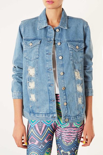 Topshop Moto Super Rip Denim Jacket In Blue Mid Stone Lyst 