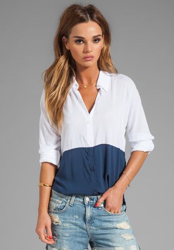 Splendid Color Blocked Button Up Top in Navy - Lyst
