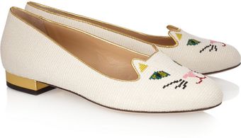 Charlotte Olympia Kitty Embroidered Woven Cotton Slippers - Lyst