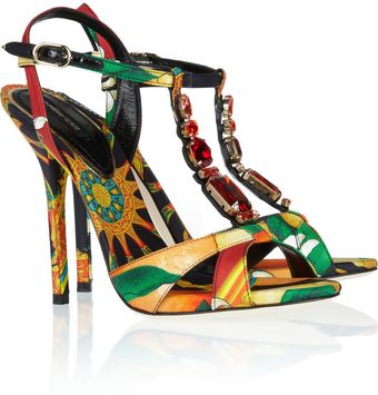 Dolce & Gabbana Crystal Embellished Printed Satintwill Sandals - Lyst