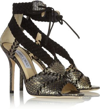 Jimmy Choo Taper Metallic Elaphe and Suede Sandals - Lyst