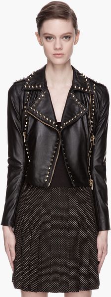 Versus  Black Leather Gold Stud Jacket - Lyst