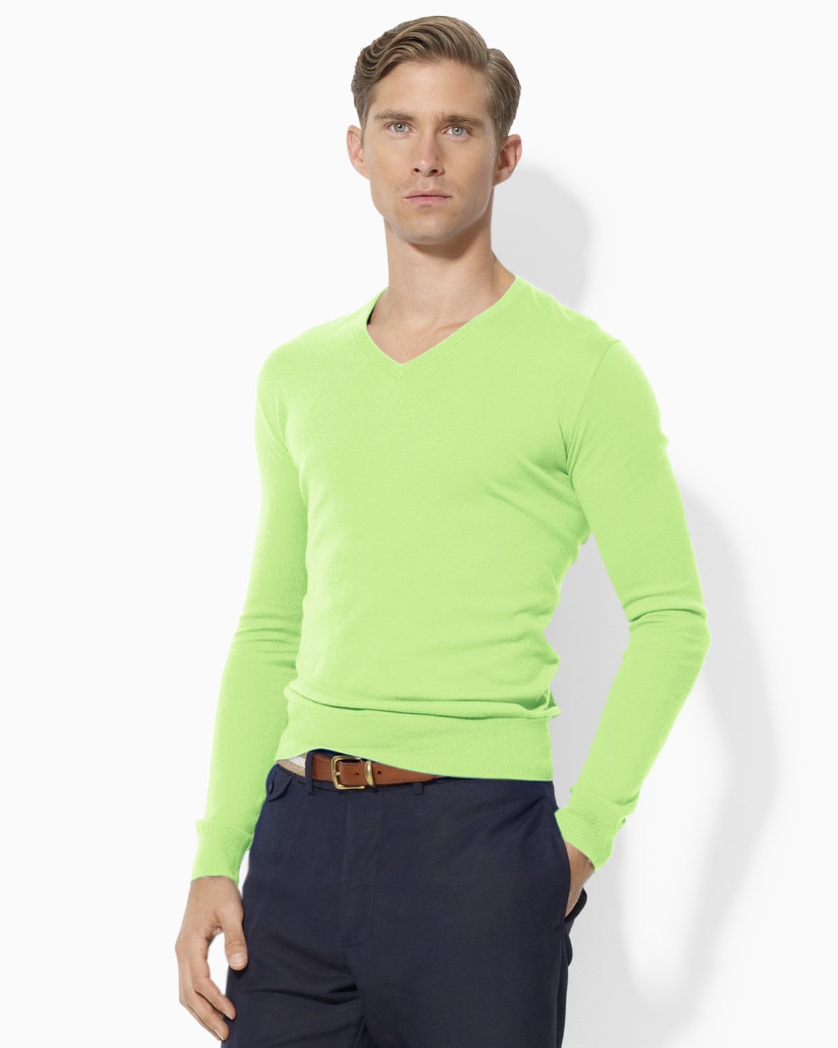 Ralph Lauren Polo Longsleeved Cottoncashmere Vneck Sweater In Green For