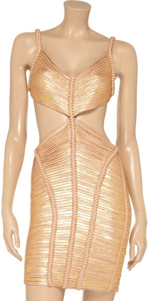 Hervé Léger Metallic Cutout Bandage Dress in Gold | Lyst