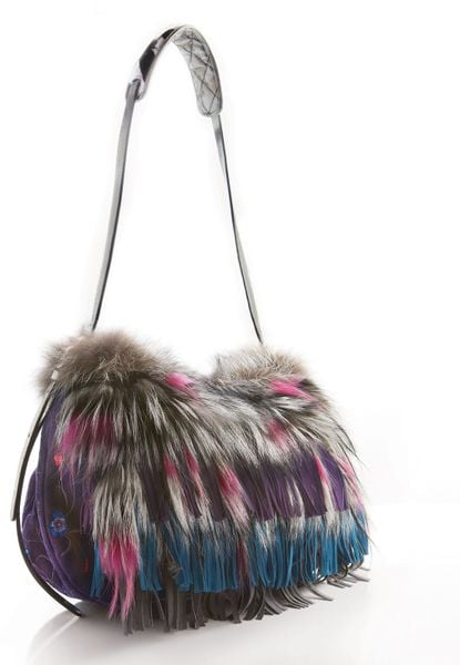 Jimmy Choo Biker Fox Fur Floral Suede Shoulder Bag in Purple (DEEP