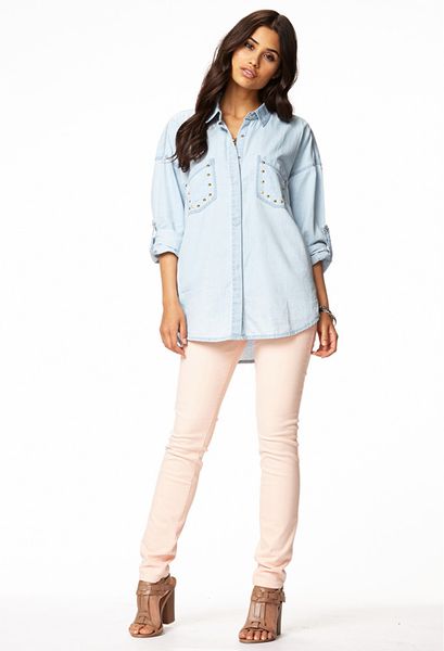 Forever 21 Studded Pocket Denim Shirt in Blue (Light denim)