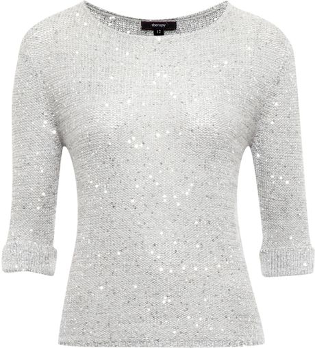 Therapy Sparkle Sequin Fine Knit Jumper In Silver Lyst