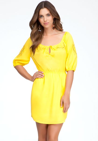 Bebe Medallion Eyelet Embroidered Dress in Yellow (DANDELION) Bebe Medallion Eyelet Embroidered Dress in Yellow (DANDELION)