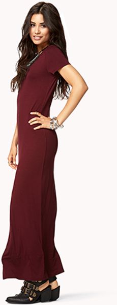 Forever 21 Short Sleeve Maxi Dress in Red (BURGUNDY)