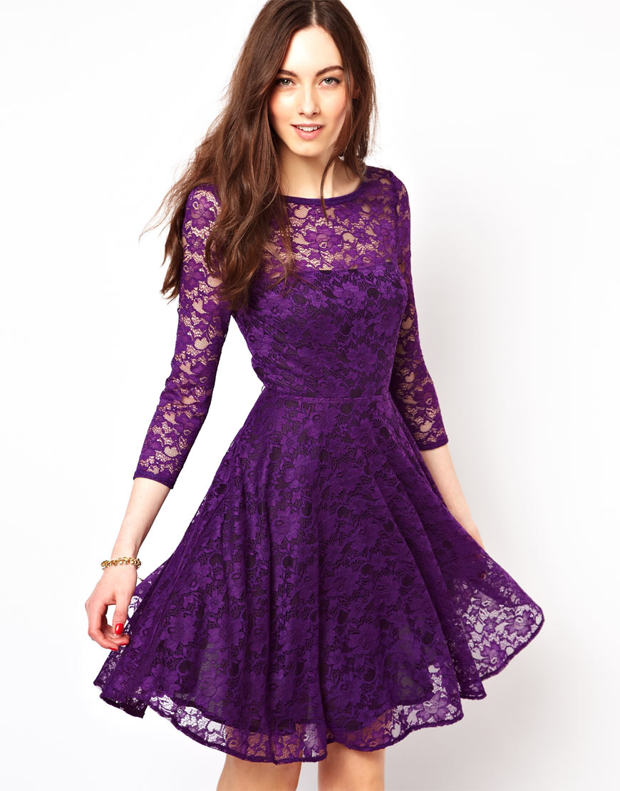 French Connection Lace Evening Dress in Purple (Crownjewelblack)