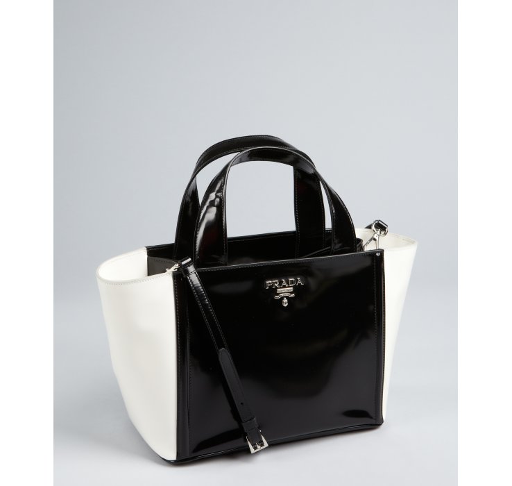 Prada Black and White Patent Leather Small Convertible Tote in Black | Lyst