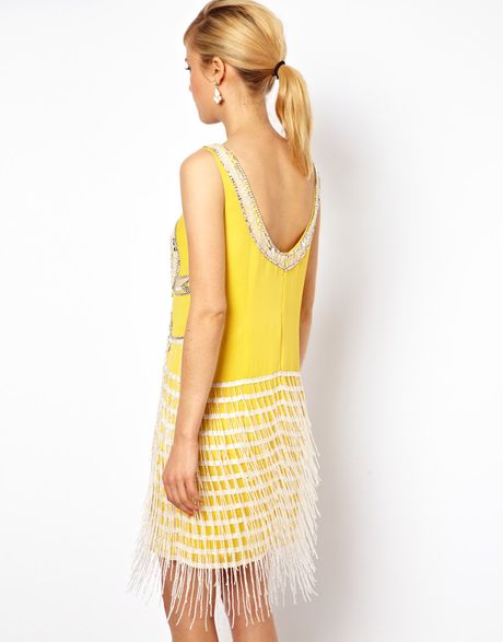 Asos Shift Dress with Embellished Fringing in Yellow | Lyst