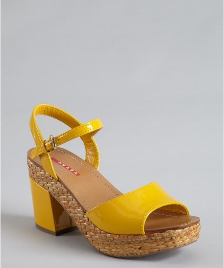 Prada Patent Leather and Jute Stacked Heel Sandals in Yellow | Lyst