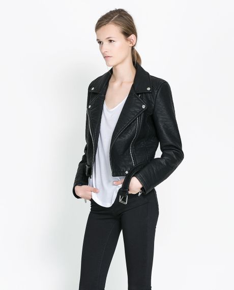 Zara Faux Leather Biker Jacket in Black | Lyst